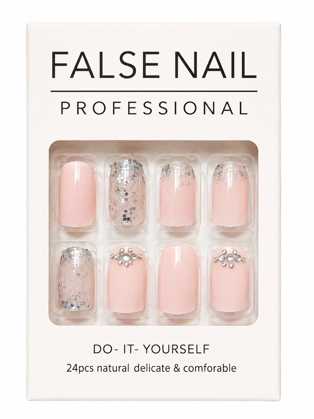 False Nail Professional Nude Pink Press-On Nails with Glitter & Rhinestones | 24
